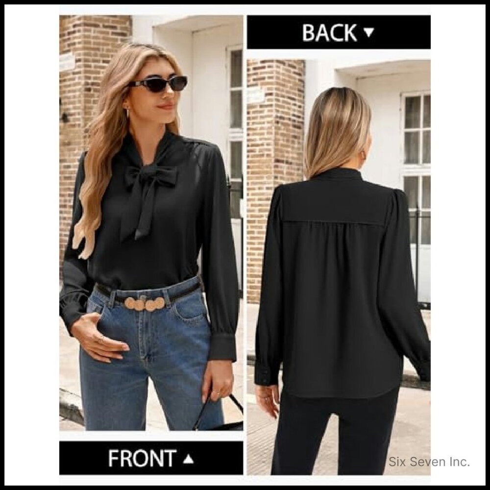 Elegant Bow Tie Blouse Long Sleeve Work Shirt Professional Chic Office Wear - Picture 5 of 8